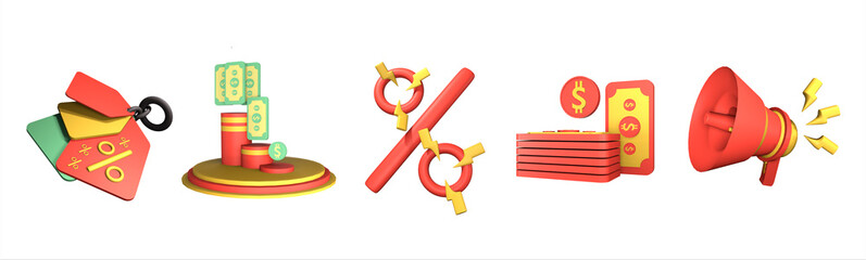 3D icon rendered sale collection isolated on the white background