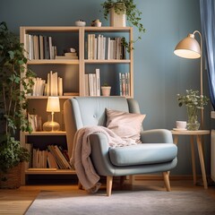 A cozy reading nook with a comfortable chair and a bookshelf filled with books on mental health and selfcare generative AI