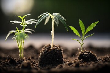 three thriving plants growing in soil in a close-up view. Generative AI