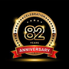 82th anniversary celebration logo design with golden color emblem style and red ribbon, vector template