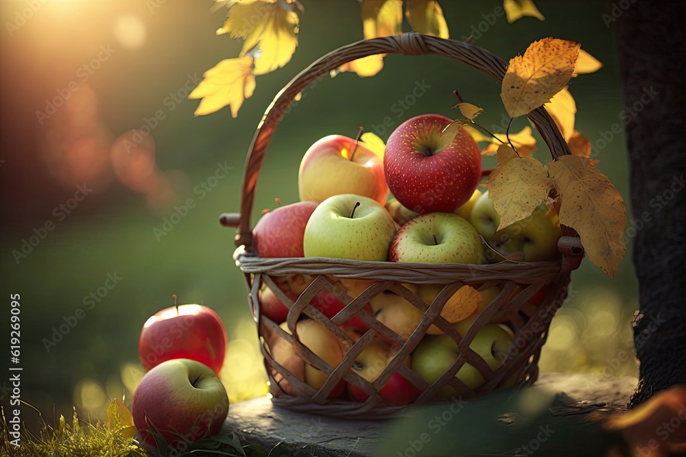 Poster basket of freshly picked apples resting under a lush tree. generative ai