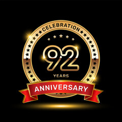 92th anniversary celebration logo design with golden color emblem style and red ribbon, vector template