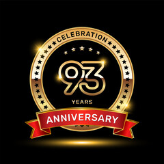 93th anniversary celebration logo design with golden color emblem style and red ribbon, vector template