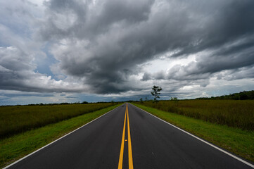 Main Everglades National Park road receding into distance under stormy summer cloudscape.