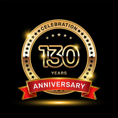 130th anniversary celebration logo design with golden color emblem style and red ribbon, vector template