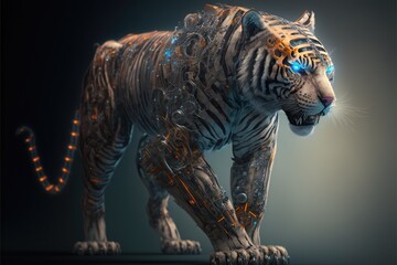 Tiger with cybernetic implants and robotic parts. Full length 3d portrait.