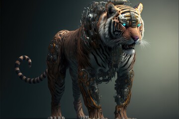 Tiger with mechanized legs. Cyberpunk portrait.