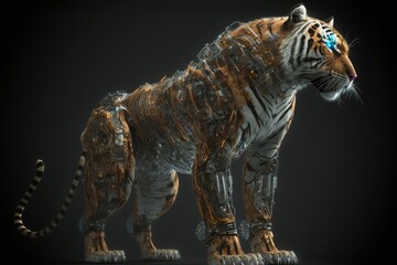 Fototapeta na wymiar Tiger with cybernetic implants in body. Isolated background.