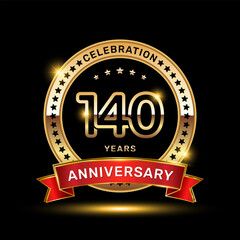 140th anniversary celebration logo design with golden color emblem style and red ribbon, vector template