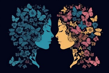 two women with colorful butterflies perched on their hair. Generative AI