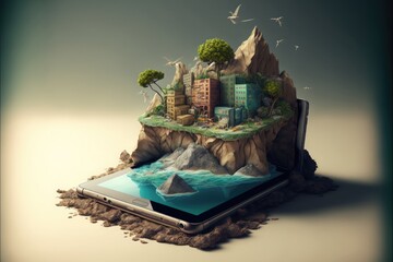 Digital device with landscape hill and buildings popping out