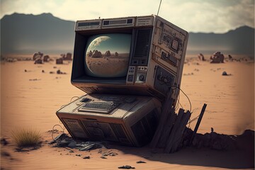 Desktop computer with monitor on barren desert landscape