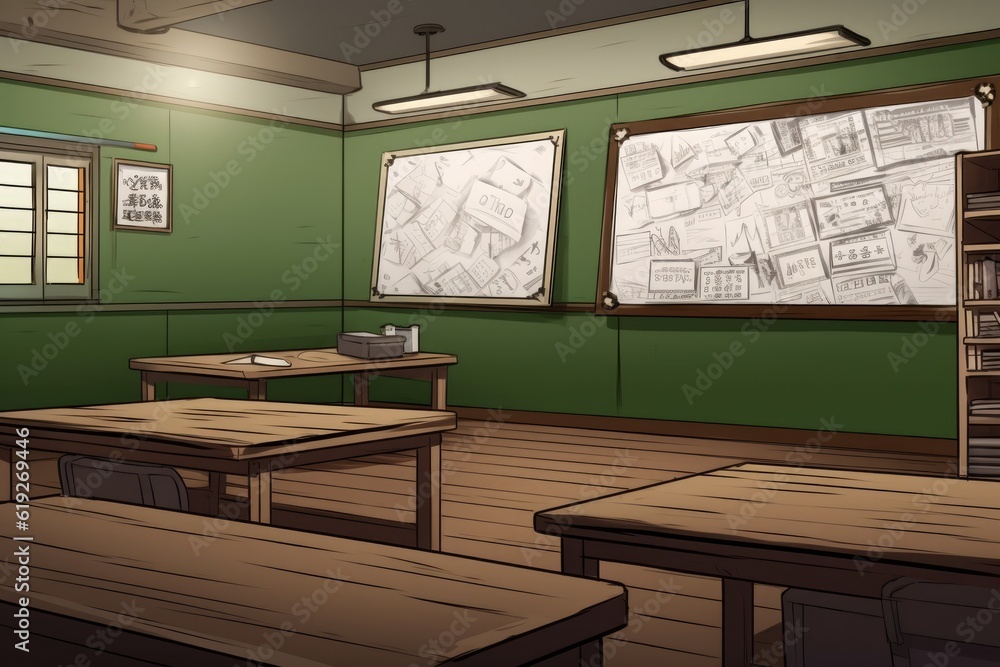 Aufkleber classroom with desks and bookshelve. generative ai