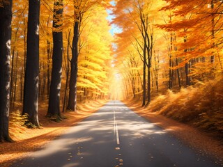 Autumn Scene with a road in forest generative ai