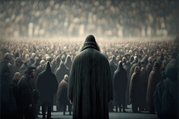 Homeless person standing amidst crowd of people