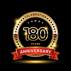 180th anniversary celebration logo design with golden color emblem style and red ribbon, vector template