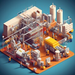 Obraz premium A manufacturing plant depicted in an isometric illustration showcasing production lines machinery and workers assembling products generative AI