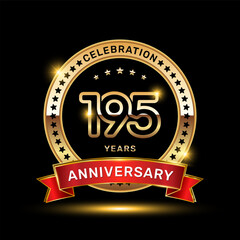195th anniversary celebration logo design with golden color emblem style and red ribbon, vector template