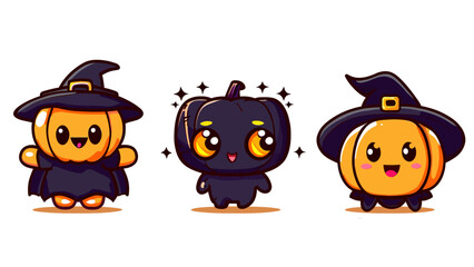 Kawaii Halloween Pumpkins with Witch Hat Vector Digital Download - Halloween Pumpkin Clipart Illustration, Spooky Kawaii Pumpkin Character, Cute Pumpkin and Witch Hat, Cute Halloween Art Bundle 
