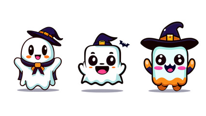 Kawaii Halloween Ghouls with Witch Hat Vector Digital Download - Cute Ghost Clipart and Illustrations, Spooky Kawaii Creatures, Cute Ghoul and Witch Hat Graphics, Cute Halloween Art Bundle