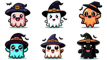 Kawaii Halloween Ghouls with Witch Hat Vector Digital Download - Cute Ghost Clipart and Illustrations, Spooky Kawaii Creatures, Cute Ghoul and Witch Hat Graphics, Cute Halloween Art Bundle