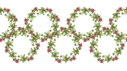 Seamless rim with circle frame watercolor wildflowers. Clover isolated on white background. Wedding invite. Summer banner template for poster or card. Hand-drawn border with copy space for decor book