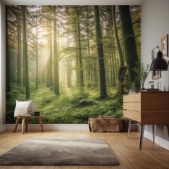 Fototapeta premium A peaceful and serene forest with tall trees and a soft carpet of moss inviting a sense of calmness and connection with nature 