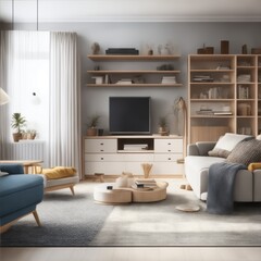 Stylish interior of living room with drawers, shelving unit, armchair and soft rugs; AI GENERATED