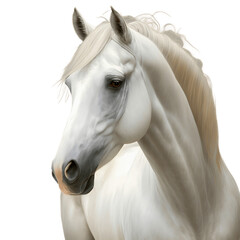 Portrait of a white horse isolated on white background, transparent cutout
