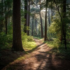 A peaceful forest path dappled with sunlight inviting contemplation and a connection with nature 