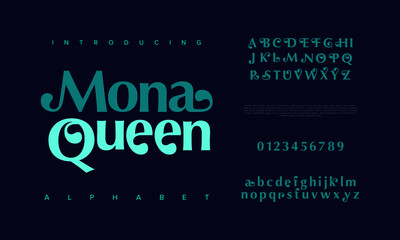 Monaqueen premium luxury elegant alphabet letters and numbers. Elegant wedding typography classic serif font decorative vintage retro. Creative vector illustration