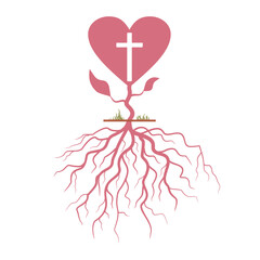 Heart shaped tree with christian cross and curled roots. Christianity concept illustration.