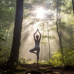 A person practicing yoga in a tranquil forest connecting with nature and finding inner balance  - obrazy, fototapety, plakaty