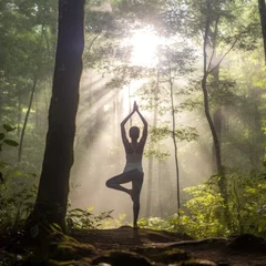 Schilderijen op glas A person practicing yoga in a tranquil forest connecting with nature and finding inner balance  © Brandon