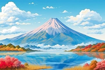 Fototapeta premium serene mountain landscape with a reflective lake in the foreground