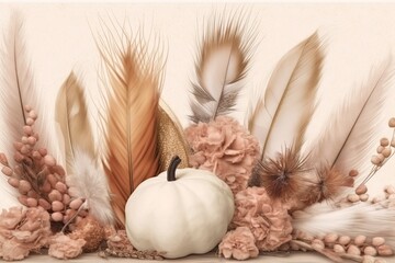 white pumpkin adorned with feathers and flowers