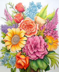 Floral flower vase Colored pencil style