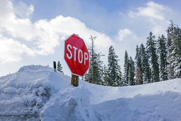 Stop sign on the roadside almost covered with snow,