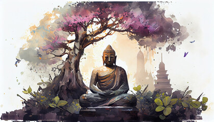 A serene and peaceful image of a Buddha statue in a cross-legged meditation pose, Created using generative AI tools