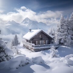 A snowcovered alpine landscape with a cozy mountain cabin 