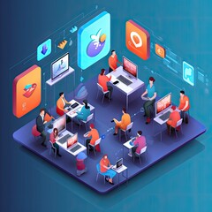 A social media marketing team portrayed in an isometric illustration with marketers managing online presence and campaigns generative AI