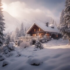 A snowcovered alpine landscape with a cozy mountain cabin 