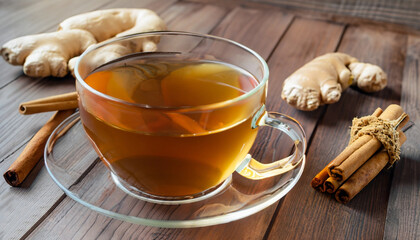 Cup of tea with ginger and cinnamon on wooden background