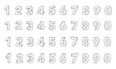 立体的な数字のアイコンセット　輪郭線
