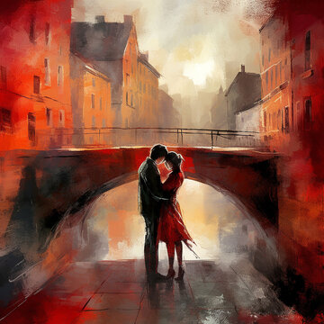 A painted image of a couple in love in evening dresses, which stands and gently hugs against the backdrop of the ancient architecture of the city of Prague. Generative AI