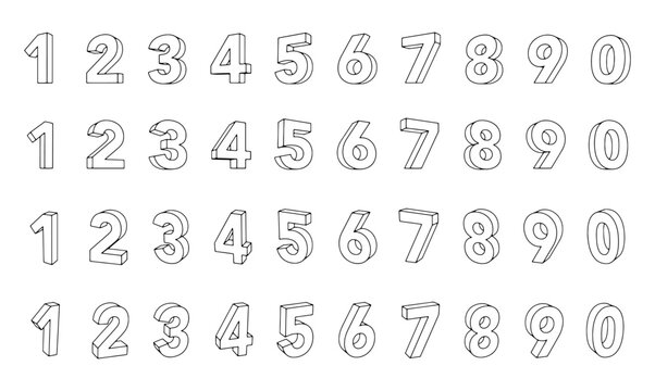立体的な数字のアイコンセット　輪郭線