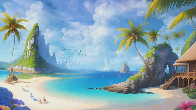 Beautiful fantasy nature beach landscape animated background in Japanese anime watercolor painting illustration style. seamless looping video animation virtual background.