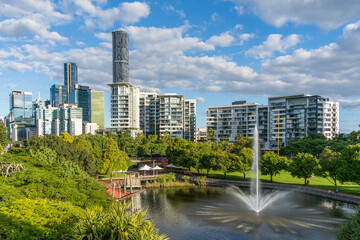 Fountain in Roma Street Parkland with the Brisbane CBD in the background.