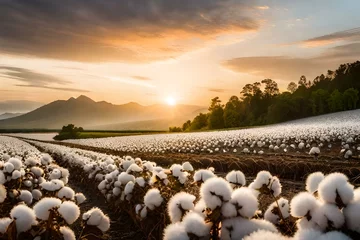 Papier Peint photo Cappuccino sunrise over the field of cotton, by generative Ai