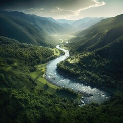 Fototapeta na wymiar Breathtaking view of a winding river in a lush valley 